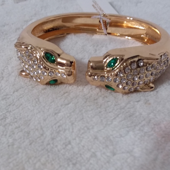 Leopard Heads Spring Back Bracelet Gold Tone Clear Rhinestones Natasha - Picture 7 of 9